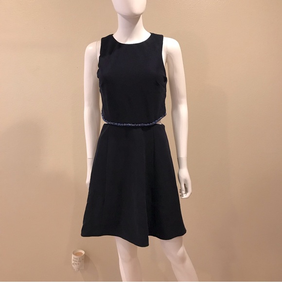 Topshop Dark Navy Blue Dress Size 8 Small Beaded Trim Side Cut Outs Semi Formal - Picture 1 of 14